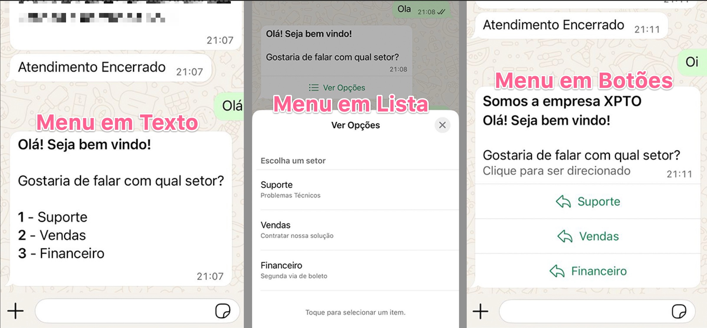 Tipos de Menus no FlowBuilder