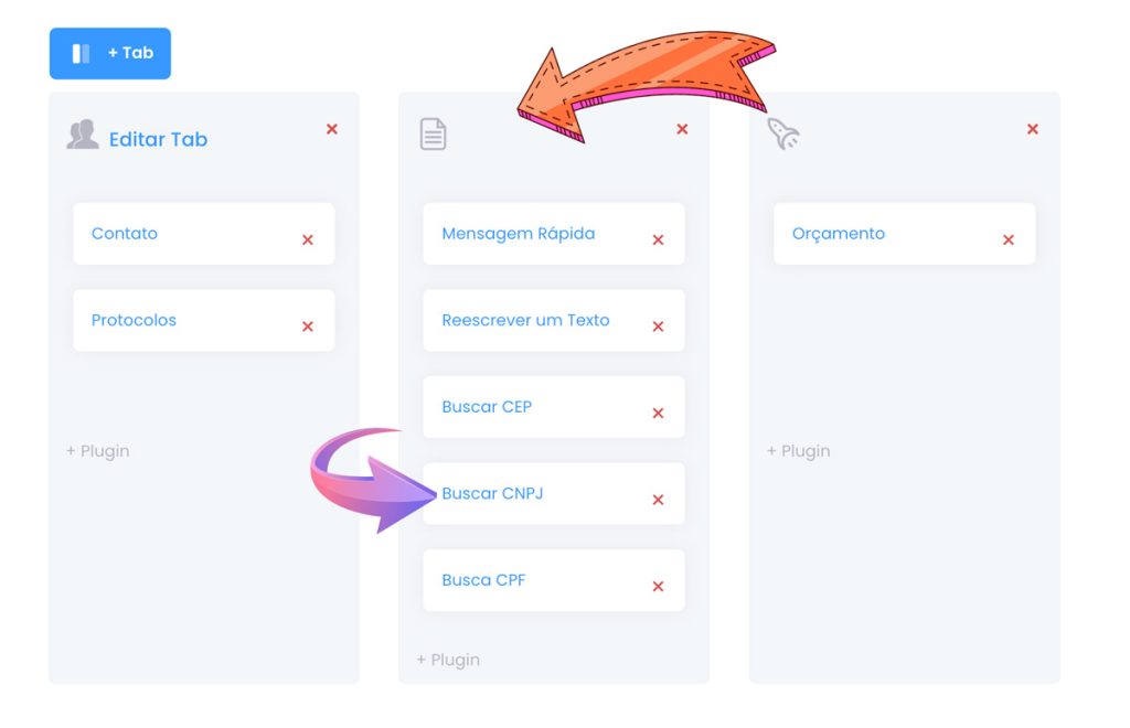 Clique e arraste Tabs (colunas) e Plugins (linhas) para organizar o seu menu