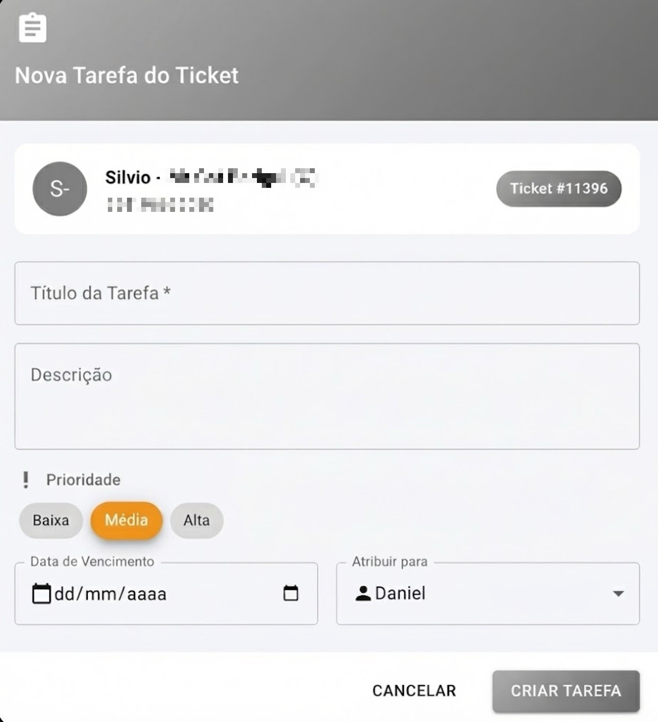 Formulário para adicionar uma tarefa ao ticket