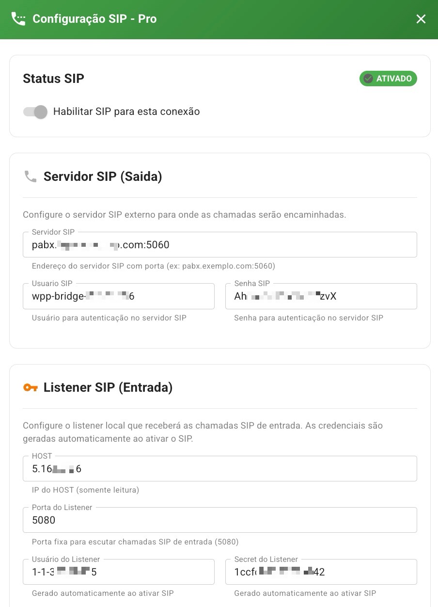 PABX Integração - Configurações SIP